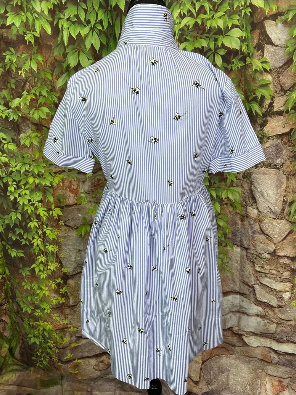 KATE SPADE Abuzz Poplin Blue and White Striped Bee Print Poplin Luxury Dress, XS
